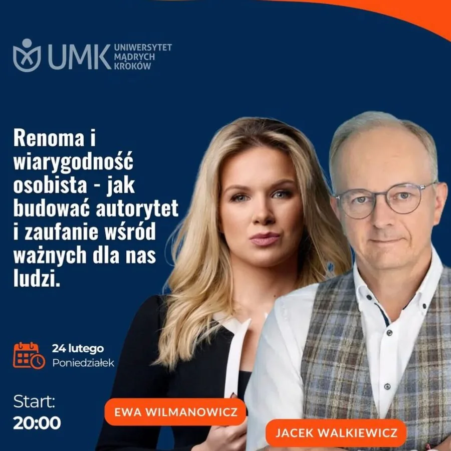 Plakat spotkania Uniwersytetu Mądrych Krok&oacute;w z Ewą Wilmanowicz i Jackiem Walkiewiczem